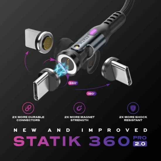 Statik 360 Pro 2.0 Magnetic Tip Usb-C Cable 90cm - Black